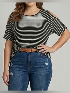 Anne Klein Women's Black & White Striped Cold Shoulder Top Medium Parisian Chic